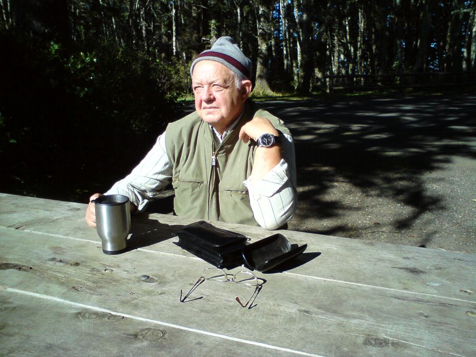 Mogens Hedegaard in Oregon forest, U.S. West coast, 2008, and on beneath 10 years later in own forest at 